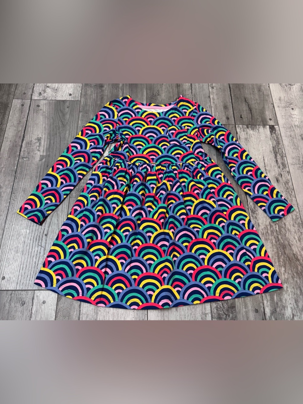 Mini Boden Girls Rainbow Long Sleeve Cotton Skater Dress Multi Color Pockets 7-8